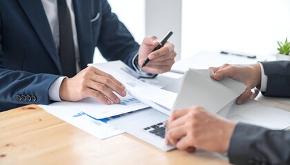 Obraz premium Two businesspeople in suits at a table reviewing paperwork, one gesturing