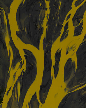 Aerial view of a braided glacial river with yellow sulfur-rich water flowing through black volcanic sand in Iceland.