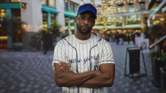 Man in a striped baseball jersey and blue cap stands with arms crossed on a busy cobblestone street outside shops and string lights; confidence.