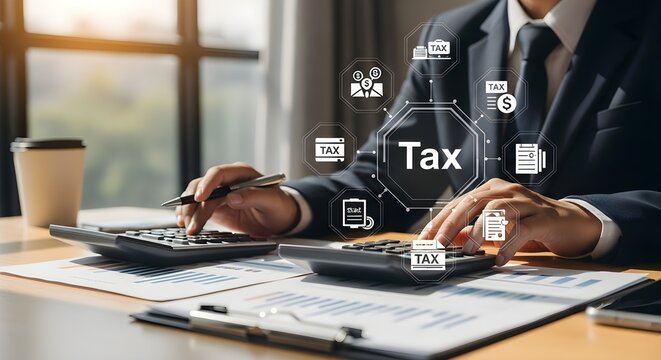Businessman calculating taxes and finances in a professional office setting with calculator and documents