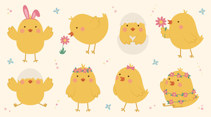 Fototapeta premium Set of cute cartoon Easter chicks in flat style. Funny yellow baby chickens with flowers, bunny ears and eggs. Spring holiday illustration isolated on light background.