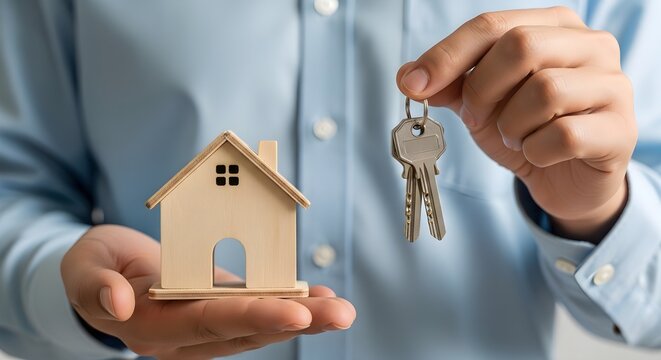 A person holding a small wooden house model and a set of keys
