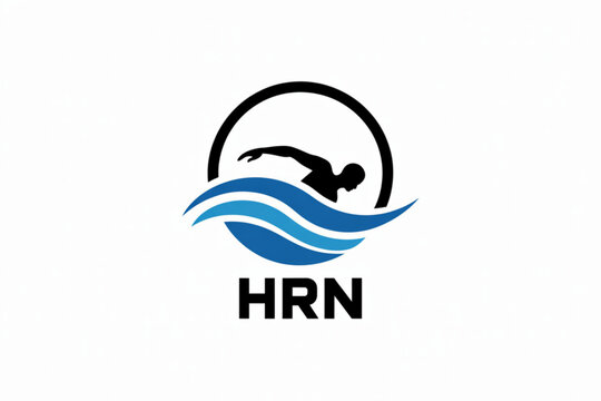Graphic logo design featuring a swimmer silhouette above blue waves with the text label hrn below Vector