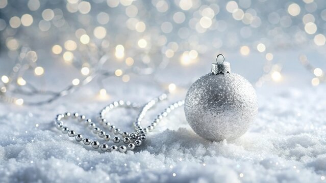 Winter Sparkle A Silver Ornament Rests on Sparkling Snow with Festive Lights and a Beaded Garland