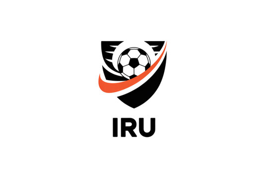A black shield emblem featuring a soccer ball and an orange swoosh with the capital letters iru Vector