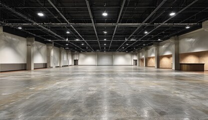 Naklejka premium Vast, empty convention hall with concrete floor and exposed ceiling