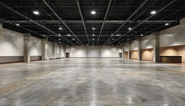Vast, empty convention hall with concrete floor and exposed ceiling