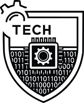 A black and white logo featuring a tech shield with gears and binary code