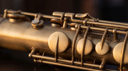 Obraz premium Vintage brass saxophone close up, detailed view of antique woodwind instrument keys, professional jazz music equipment with warm golden patina