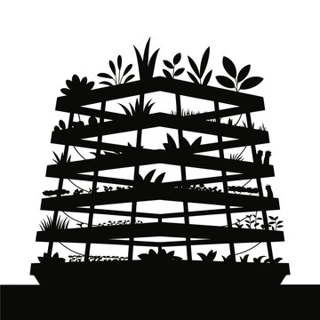 A striking black silhouette of a tiered vertical garden structure
