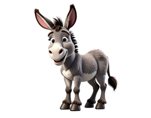 Fototapeta premium Donkey cartoon character in playful pose with friendly expression, grey fur, large ears, and tufted mane