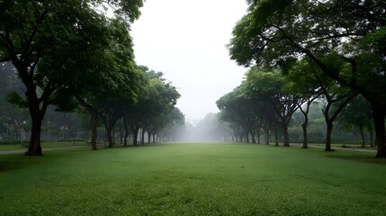 Fototapeta premium A serene park lawn lined with lush trees fades into a soft morning mist creating a peaceful and natural vista