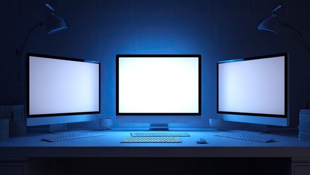 Modern Triple Monitor Setup with Blue Ambient Lighting.