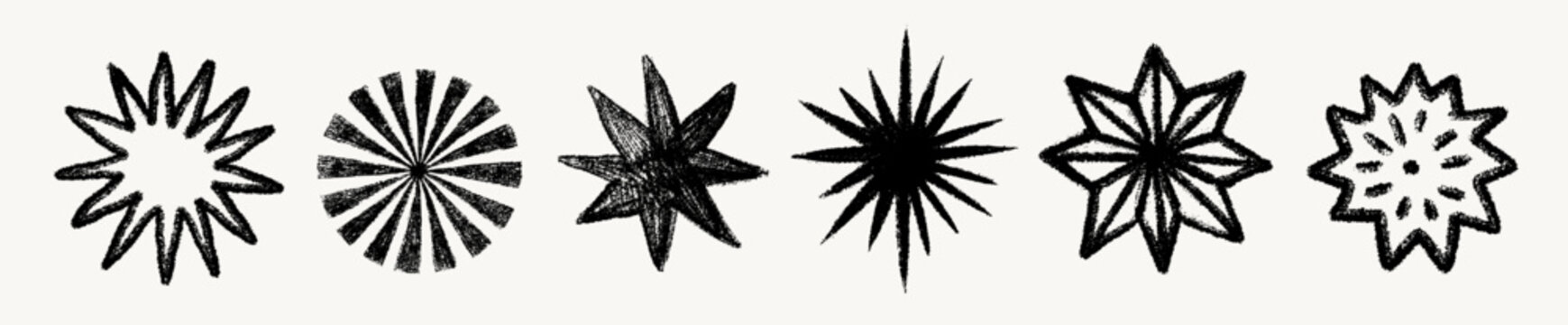 Hand drawn star set with chalk crayon and pencil texture in black pastel style. Star shapes in doodle sketch brush design for posters, fabric, wrapping paper, stickers, print