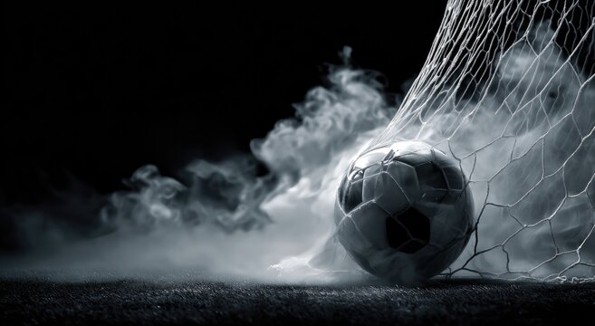 Dramatic soccer ball captured mid-air, entering the net with smoky atmosphere