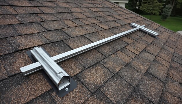 Residential rooftop mounting &ndash; aluminum L-feet attached to rafters with lag bolts, Solar mounting on asphalt shingle roof, Solar Industry, photovoltaic installation