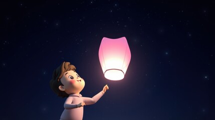Fototapeta premium Young child gazes upward toward glowing lantern released into night sky filled with stars. Peaceful scene evokes wonder.