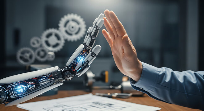 Synergy between human and robot hand high fiving with mechanical gear showing teamwork, artificial intelligence unity, future partnership, and digital industrial collaboration.