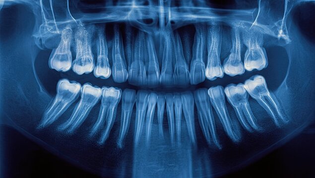 Panoramic dental X-ray showing a full set of adult teeth and jawbone structures