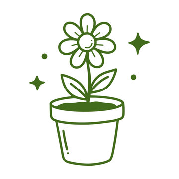 A whimsical spring and summer illustration of a smiling potted flower with stars and dots on a white background. Gardening