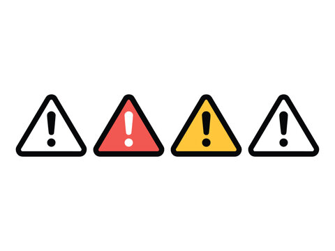 Four warning signs with exclamation marks in different colors isolated on white background