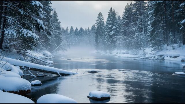 Serene winter river flowing through snow-covered forest with mist and calm water reflecting trees