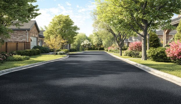 Suburban Street Lined with Houses and Trees on a Sunny Day.