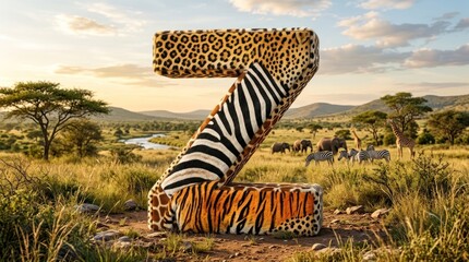 Obraz premium A large, colorful, animal-themed letter Z in the middle of a savannah landscape with zebras and elephants in the background.