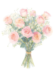 Fototapeta premium Cute bouquet of pink roses in watercolor style isolated on transparent background, flower design element