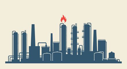 Fototapeta premium Industrial factory or oil refinery silhouette with smokestacks and a burning flame, in a bright studio.