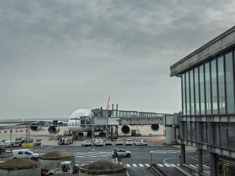 PARIS, FRANCE - MARCH 6, 2026: An Emirates Airbus A380 is parked at Paris Charles de Gaulle Airport before departure to Dubai, Emirates is UAE flag carrier.