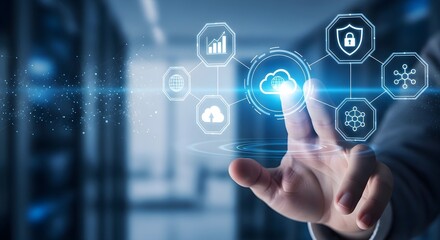 Obraz premium A futuristic hand interacting with digital icons in a server room
