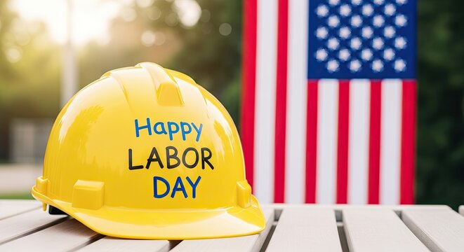 Happy labor day celebration with american flag and hard hat