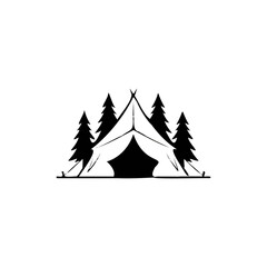Obraz premium Camping tent silhouette with pine trees and forest landscape.