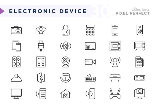 Gadget and Smart Device line icons. Kitchen gadgets, smart speaker, audio, computer, PC, laptop, smartphone vector icon set. Editable stroke