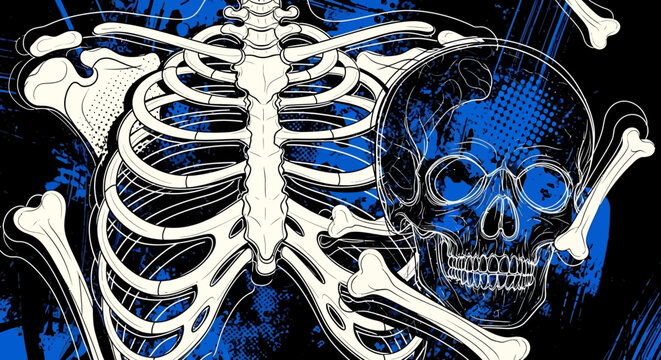 A white skeleton with a skull on a blue and black background