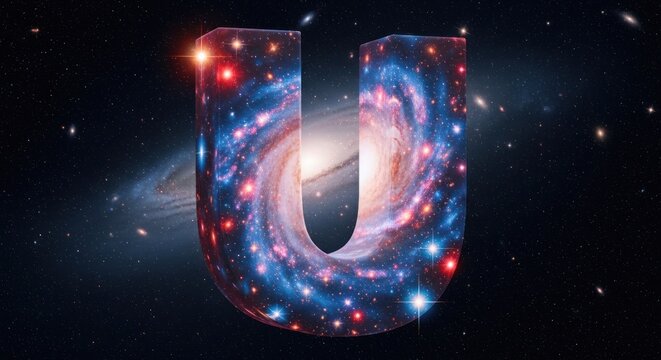 A large, colorful, abstract letter 'U' with a cosmic galaxy background.