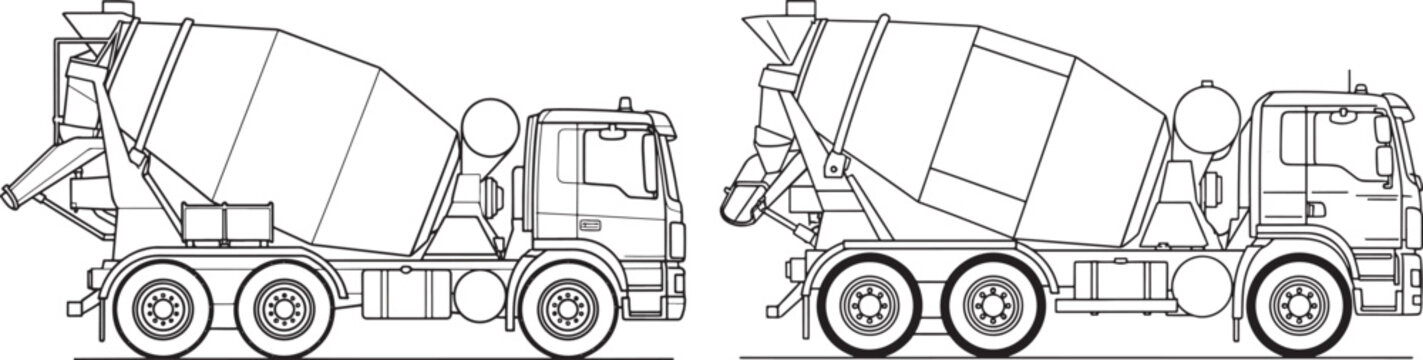 Two concrete mixer trucks shown in detailed outline, representing construction, industry, or heavy machinery transport, Black And White