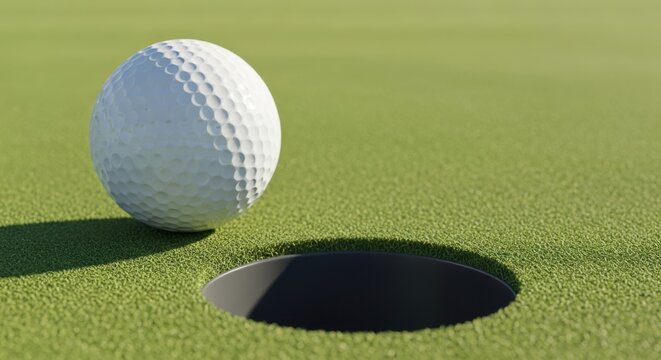 A white golf ball rests on the green grass of a golf course, near the hole