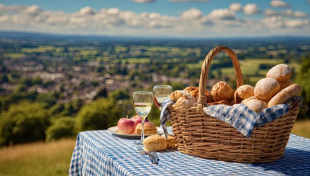 Idyllic countryside picnic with bread, fruit, and wine overlooking a town