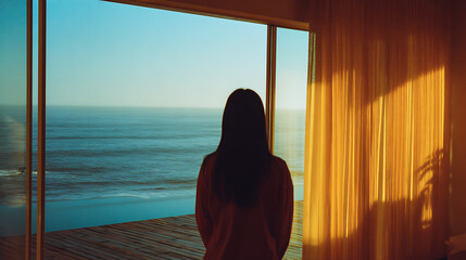 Naklejka premium Serene Woman Gaze at Expansive Blue Ocean Horizon from Modern Balcony with Warm Sunlight Filtering Through Curtains, Tranquil Coastal View
