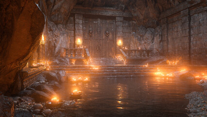 Gothic fantasy castle entrance lit by candles in a dark underground cavern with water. 3D render.