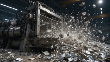 Fototapeta premium Medium shot of a recycling plant shredding dirty aluminum scrap showcasing heavy machinery breaking down contaminated materials for remelting.