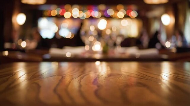 Wood table with blurred restaurant background shows diners and lights in evening setting