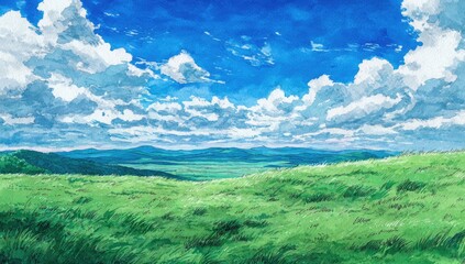 Obraz premium Vast Green Rolling Hills Under a Dramatic Blue Sky with Fluffy White Clouds.