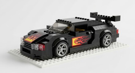 Fototapeta premium Black lego car with flame decals, isolated on white background