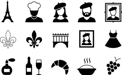 Collection of Frenchthemed black and white vector icons representing iconic symbols of Paris and French culture © md manik hossain