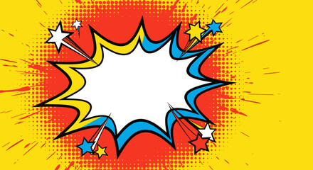 Obraz premium Comic book explosion speech bubble in vibrant pop art style with dynamic colorful lighting for editorial use