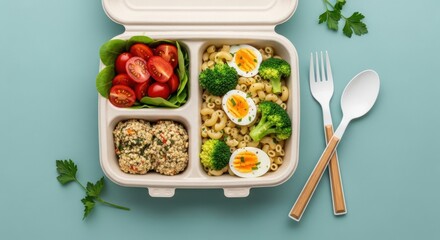 Healthy and balanced lunch box with pasta, broccoli, boiled eggs, cherry tomatoes, and quinoa balls, ready for a nutritious meal