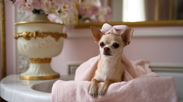 Adorable small dog in a fluffy pink towel, sitting in a luxurious bathroom sink, looking content and well-cared for after a bath, pampered pet concept